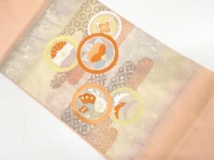 ヱ霞に花七宝・蝶模様織り出し　名古屋帯